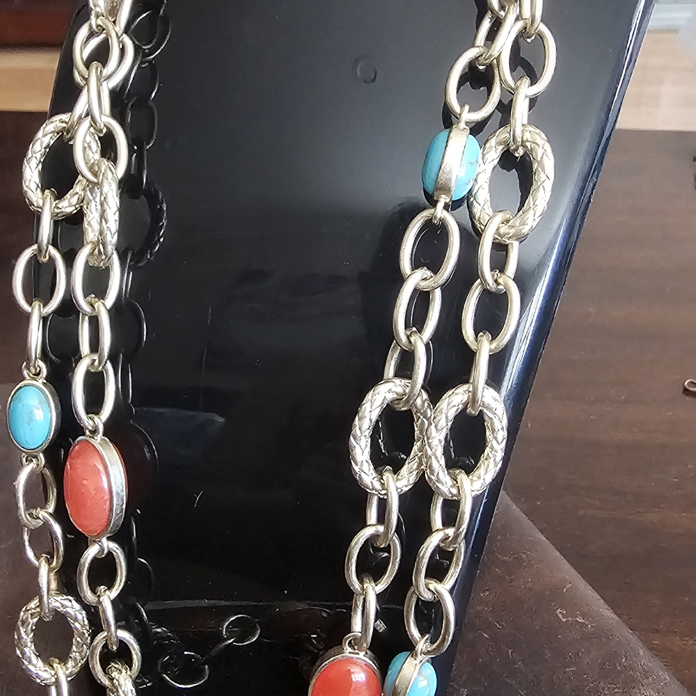 Vintage MONET Chunky Textured Chain Link NECKLACE w/ FAUX Turquoise and Carnelia